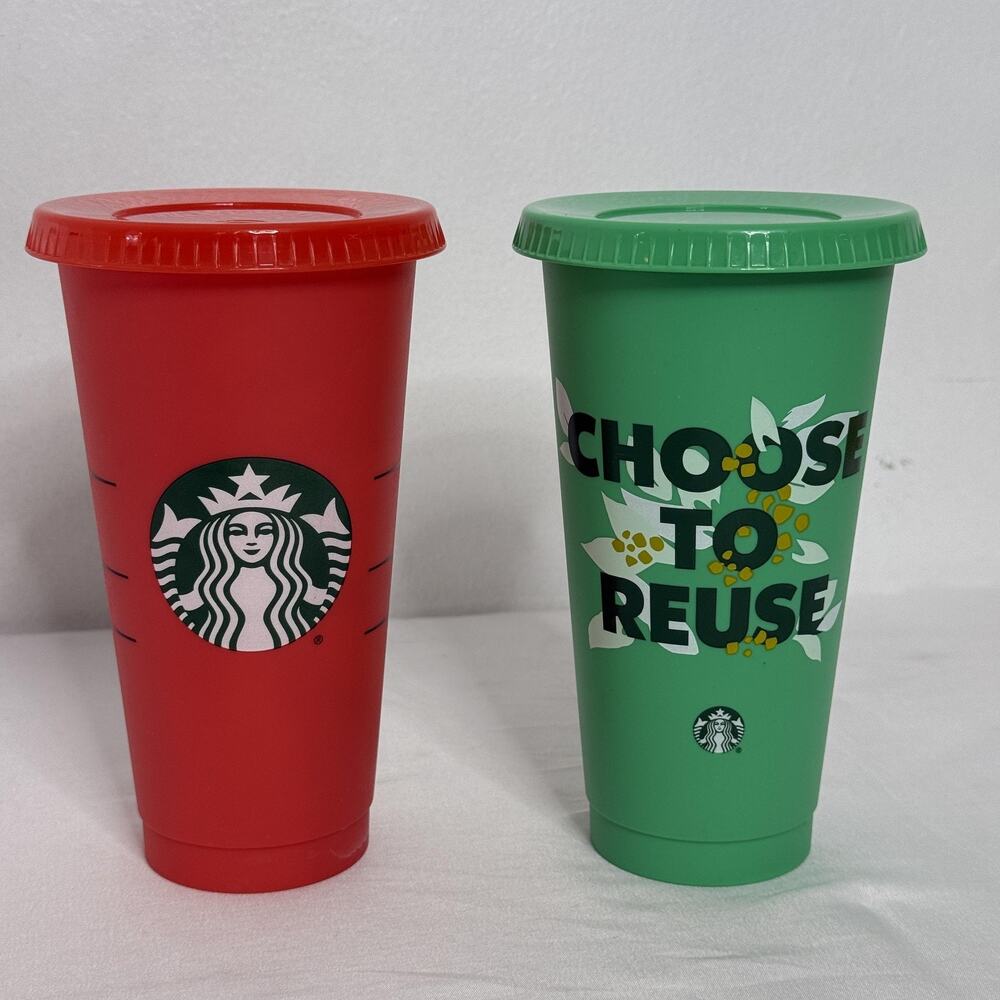 Starbucks Reusable Cold Cups 24oz Set of 2 Red Green with Lids Choose To Reuse